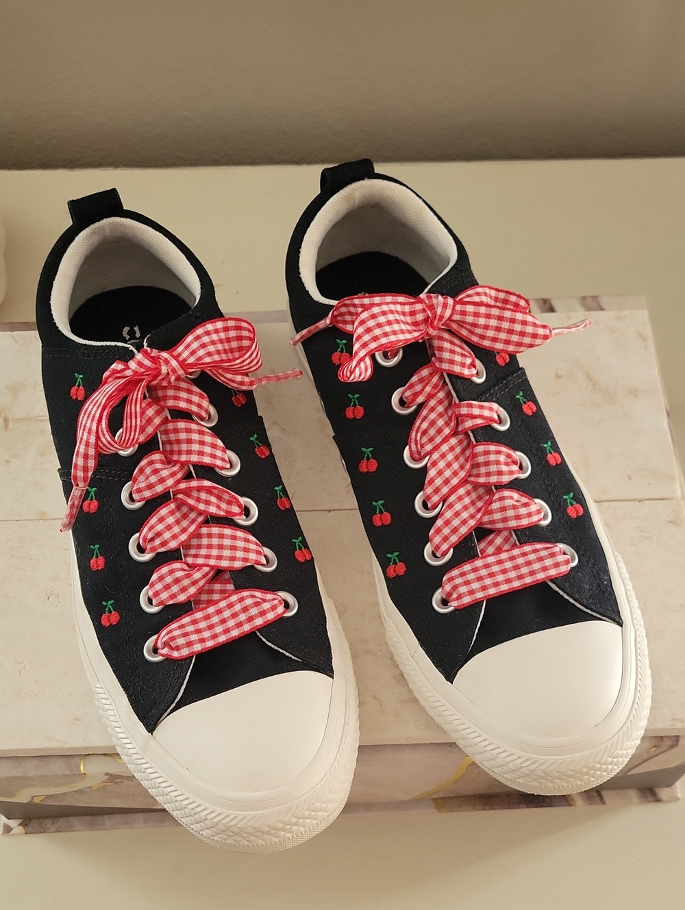 Converse Canvas Sneakers with Red Cherry Embroidery and Red Gingham Laces